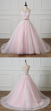 Light Pink Scoop Neck Lace Applique Formal Semi Formal Prom Dress, Beaded Wedding Dress